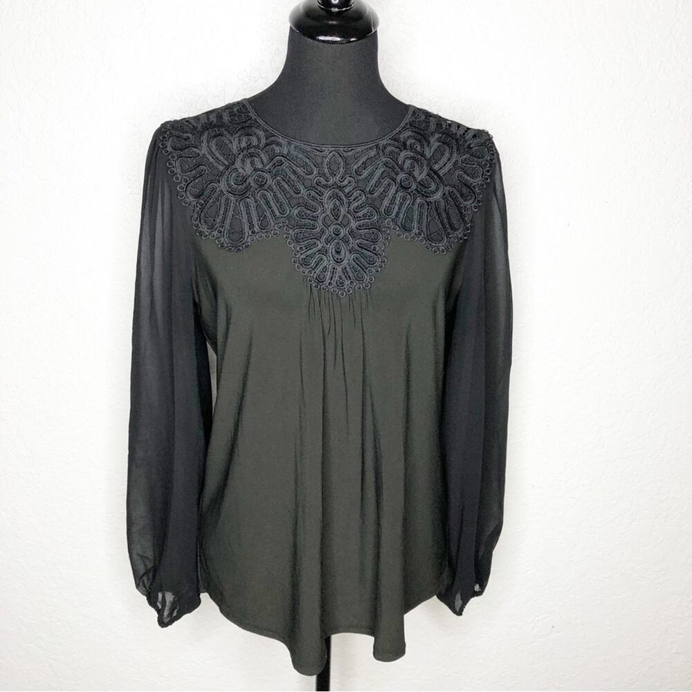 WHBM black eyelet lace trim sheer sleeve top size Medium